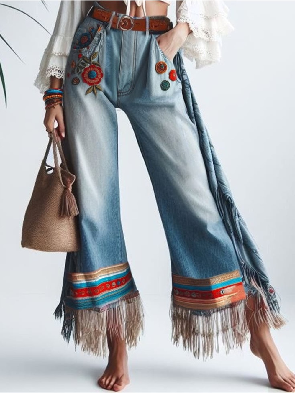 Boho Embroidered Fringe Wide-Leg Jeans in Light Denim ( Country) - Picture 2 of 4